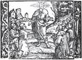 Schönův štoček v Bibli (Nürnberg 1540) a ve Starém zákoně (Nürnberg 1541). Vlevo Bible česká zv. Norimberská (Nürnberg, Leonhard Milichthaler 1540). Detail z fol. XXXVIa s kolorovaným Schönovým dřevořezem Mojžíše vyhlašujícím sobotu za den odpočinku (2 M 35, 1–3). Královská kanonie premonstrátů na Strahově – Strahovská knihovna (Praha), sign. DR III 7. Vpravo Starý zákon (Nürnberg, Jan Günther 1541). Fol. V7a s týmž štočkem, který z Milichthalerova majetku přešel na jeho nevlastního syna Günthera. Národní knihovna ČR (Praha), sign. 54 S 421 (exemplář oříznut).