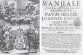 Frontispis dedikační (Praha–Nürnberg 1694). Weingarten, Jan Jakub: Manuale et respective favus mellis (Praha–Nürnberg, Jan Karel Jeřábek 1694). Na nesignovaném mědirytovém frontispisu autor věnuje knihu císaři Leopoldu I., jedoucímu na slunečním voze. Královská kanonie premonstrátů na Strahově – Strahovská knihovna (Praha), sign. CC VI 10.