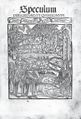 Mistr Grüningerova Terentia (Strasbourg 1499). Sibylla, Bartholomaeus: Speculum peregrinarum quaestionum (Strasbourg, Johann Grüninger 1499). Titulní strana s dřevořezem, jehož tvůrce je nazýván Mistr Grüningerova Terentia: nahoře scéna ze Starého zákona (prvotní hřích), dole paralela z Nového zákona (Vzkříšení). Královská kanonie premonstrátů na Strahově – Strahovská knihovna (Praha), sign. DM VI 4.
