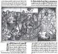 Ilustrace Kobergerovy Bible (Nürnberg 1483) a její nápodoba pro Bibli českou (Kutná Hora 1489) a ilustrovaný Nový zákon (Praha 1497–1498). Štoček je ve všech verzích trojdílný: sv.. Jan Evangelista v kotli s vroucím olejem – anděl na ostrově Pathmos přikazuje Janovi zapsat Zjevení (Zj 1, 9–10) – Jan před Pantokratorem držícím sedm hvězd symbolizujících Kristovu světovládu, majícím u úst dvousečný meč na znamení soudcovského výroku a obklopeným sedmi svícny jako poukazy na sedm církevních obcí (Zj 1, 12–20). Biblia, germ. zv. Norimberská (Nürnberg, Anton Koberger st. 1483). Detail fol. CCCCCLXXVa s počátkem Zjevení sv. Jana (tištěno bastardou obsahující už prvky švabachu) a s trojdílným kolorovaným dřevořezem Mistra Kolínské bible 1479. Národní knihovna ČR (Praha), sign. 40 B 23.