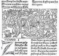 Ilustrace Kobergerovy Bible (Nürnberg 1483) a její nápodoba pro Bibli českou (Kutná Hora 1489) a ilustrovaný Nový zákon (Praha 1497–1498). Štoček je ve všech verzích trojdílný: sv.. Jan Evangelista v kotli s vroucím olejem – anděl na ostrově Pathmos přikazuje Janovi zapsat Zjevení (Zj 1, 9–10) – Jan před Pantokratorem držícím sedm hvězd symbolizujících Kristovu světovládu, majícím u úst dvousečný meč na znamení soudcovského výroku a obklopeným sedmi svícny jako poukazy na sedm církevních obcí (Zj 1, 12–20). Nový zákon zv. Ilustrovaný (Praha, Tiskař Pražské bible? 1497–1498). Detail fol. mm1b s anonymní nápodobou Quentellova–Kobergerova dřevořezu, nebo předlohy z Kutnohorské bible. Národní knihovna ČR (Praha), sign. 43 F 63.