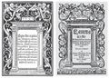 Bordura z roku 1523 kopírovaná pro Michnovu Loutnu českou (Praha 1653). Vlevo Lukáš: Spis tento o pokání (Mladá Boleslav, Jiřík Štyrsa 1523). Titulní strana s bordurou pořízenou dřevořezem bílé linie. Bordura ze stylizovaných delfínů, portálu a vřezané latinské gnómy je nad štítkem s letopočtem 1523 opatřena Štyrsovými iniciálami GS a jeho značkou. Královská kanonie premonstrátů na Strahově – Strahovská knihovna (Praha), sign. DR III 16/2. Vpravo Michna z Otradovic, Adam: Loutna česká (Praha, Tiskárna jezuitská [faktor neznámý] 1653). Titulní strana s bordurou kopírovanou klasickým dřevořezem, a nadto s vynecháním latinských gnóm, původního letopočtu a Štyrsových iniciál i značky. Repro: Adam M