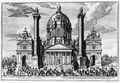 Sakrální architektura ve Vídni (Augsburg 1724). Kleiner, Salomon: Vera et accurata delineatio omnium templorum et coenobiorum ... Wahrhaffte und genaue Abbildung aller Kirchen und Clöster, welche sowohl in der keyserl: Residenz-Statt Wien, … sich befinden (Augsburg, Johann Andreas Pfeffel 1724–1725). Kleinerem kreslená a Pfeffelem rytá tabule s vídeňským kostelem sv. Karla Boromejského. Antikvariát Meissner (Praha).